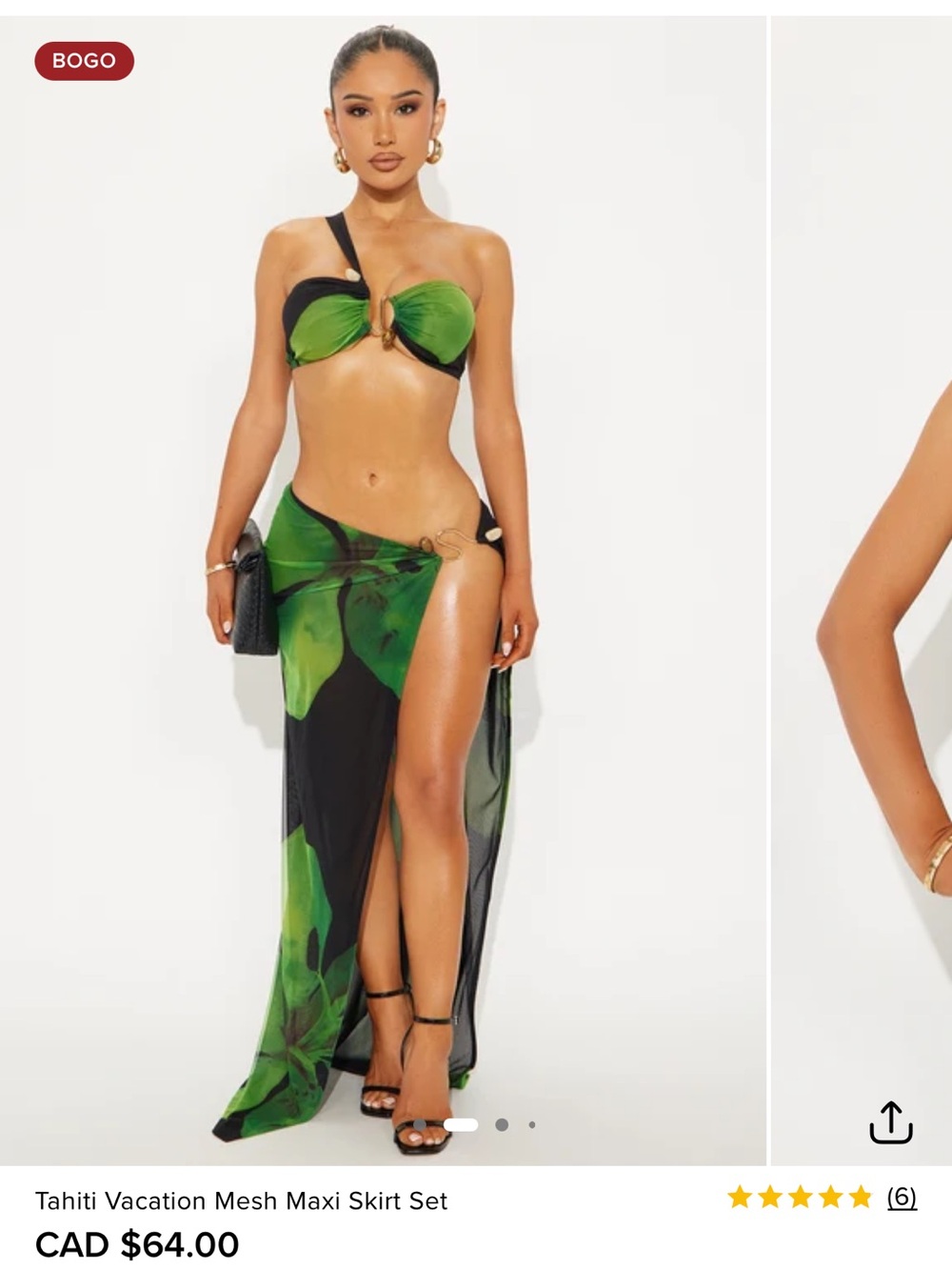 Fashion Nova Green & Black Leaf Print Mesh Sarong Set